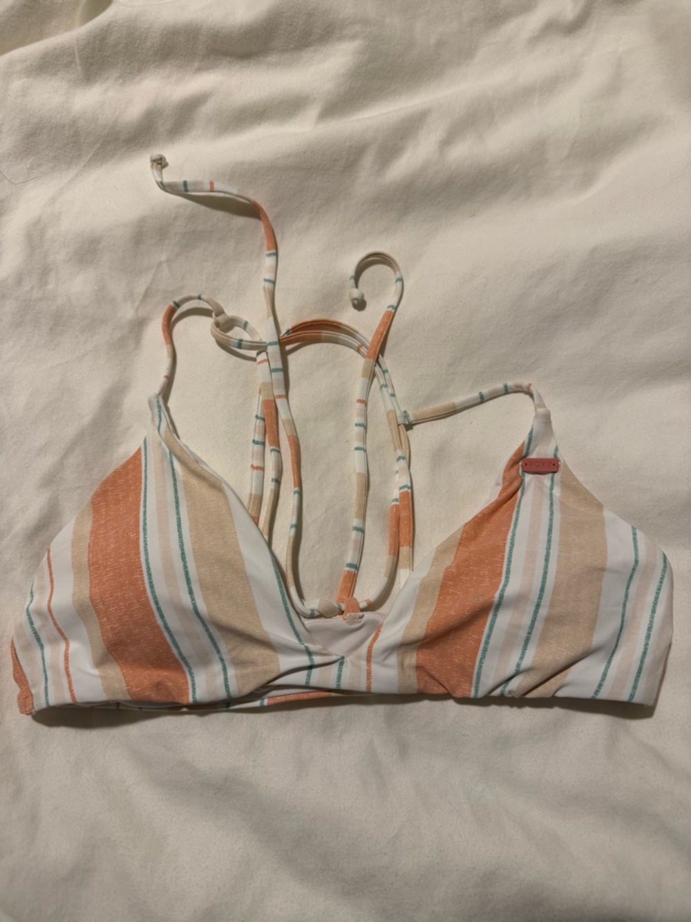 Roxy Striped Triangle Bikini Top in White, Teal & Rust